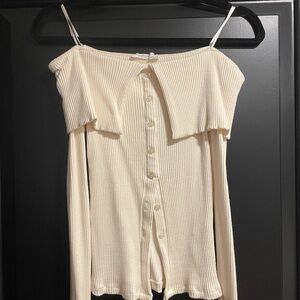 Stradivarius Cream Ribbed Button-Up Blouse